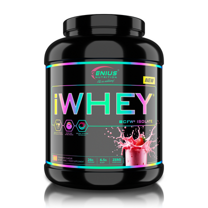 Genius Nutrition iWHEY ISOLATE protein powder in strawberry flavor, 2000g jar, showing the product packaging with strawberry imagery.