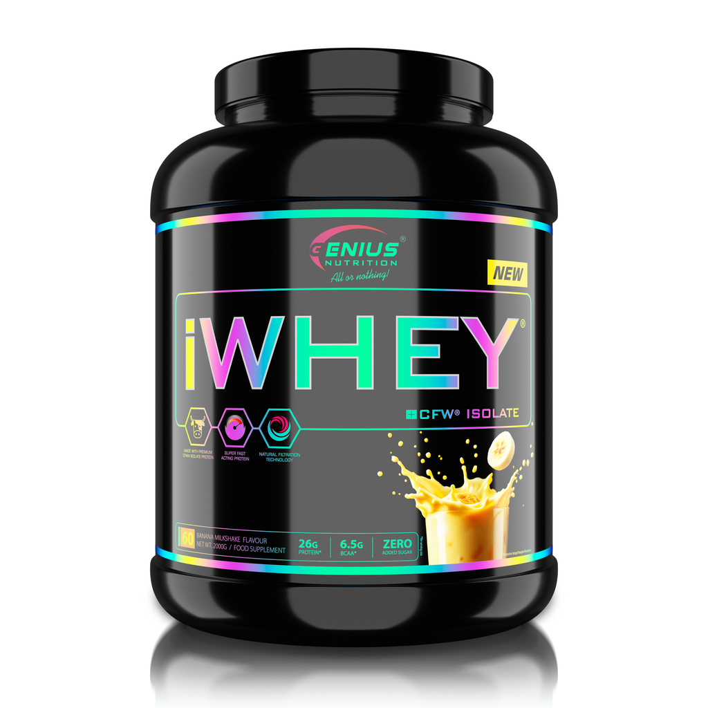 Genius Nutrition iWHEY ISOLATE protein powder in fresh banana smoothie flavor, 2000g container, close-up of scoop and powder