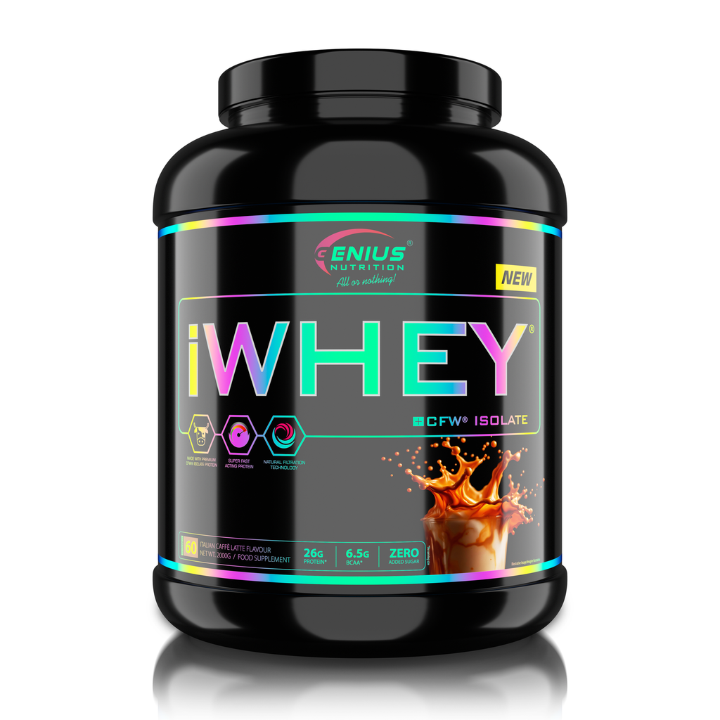 Genius Nutrition iWHEY ISOLATE protein powder in Italian Caffe Latte flavor, 2000g jar with scoop and label visible.