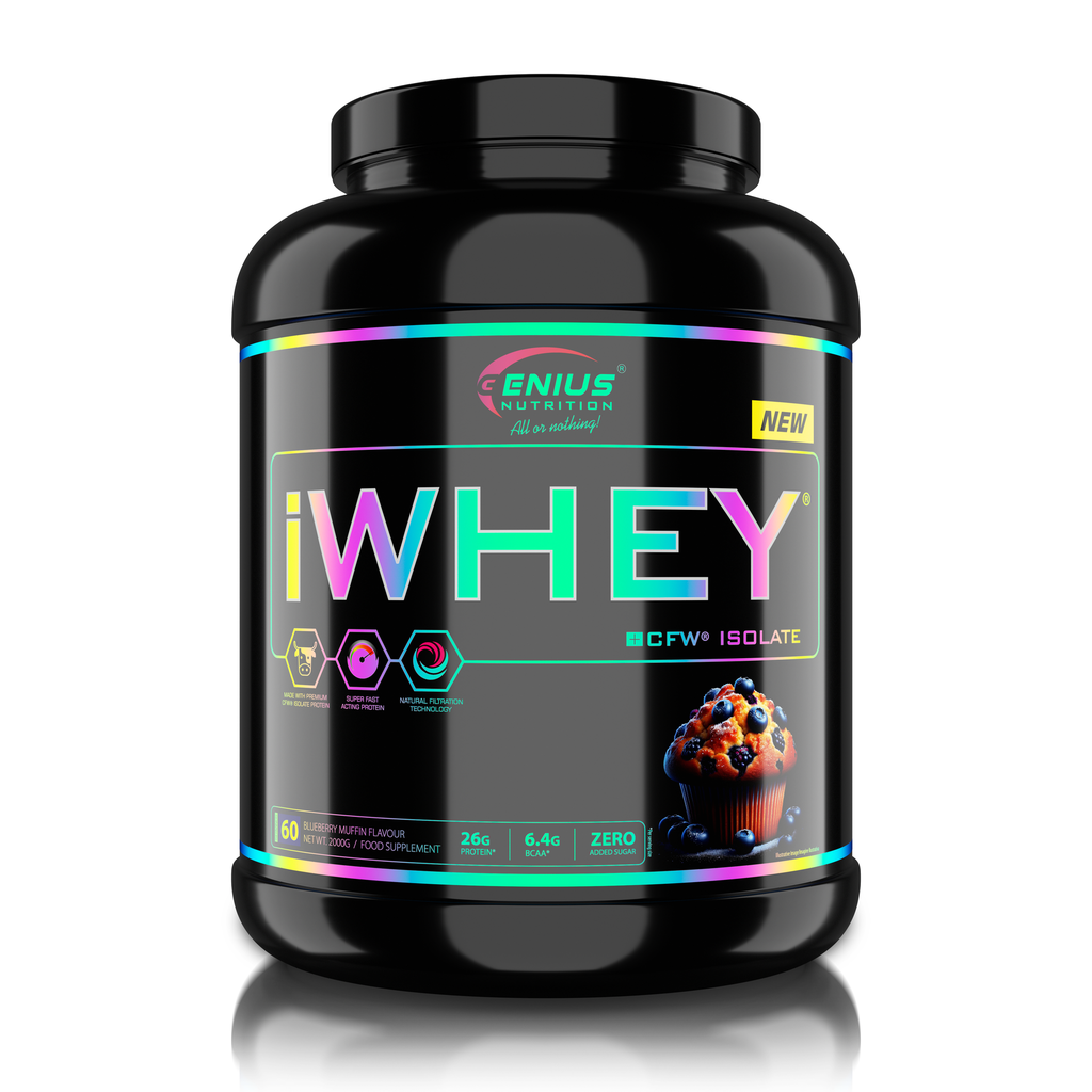 Genius Nutrition iWHEY ISOLATE protein powder in blueberry muffin flavor, 2000g jar with scoop and label.