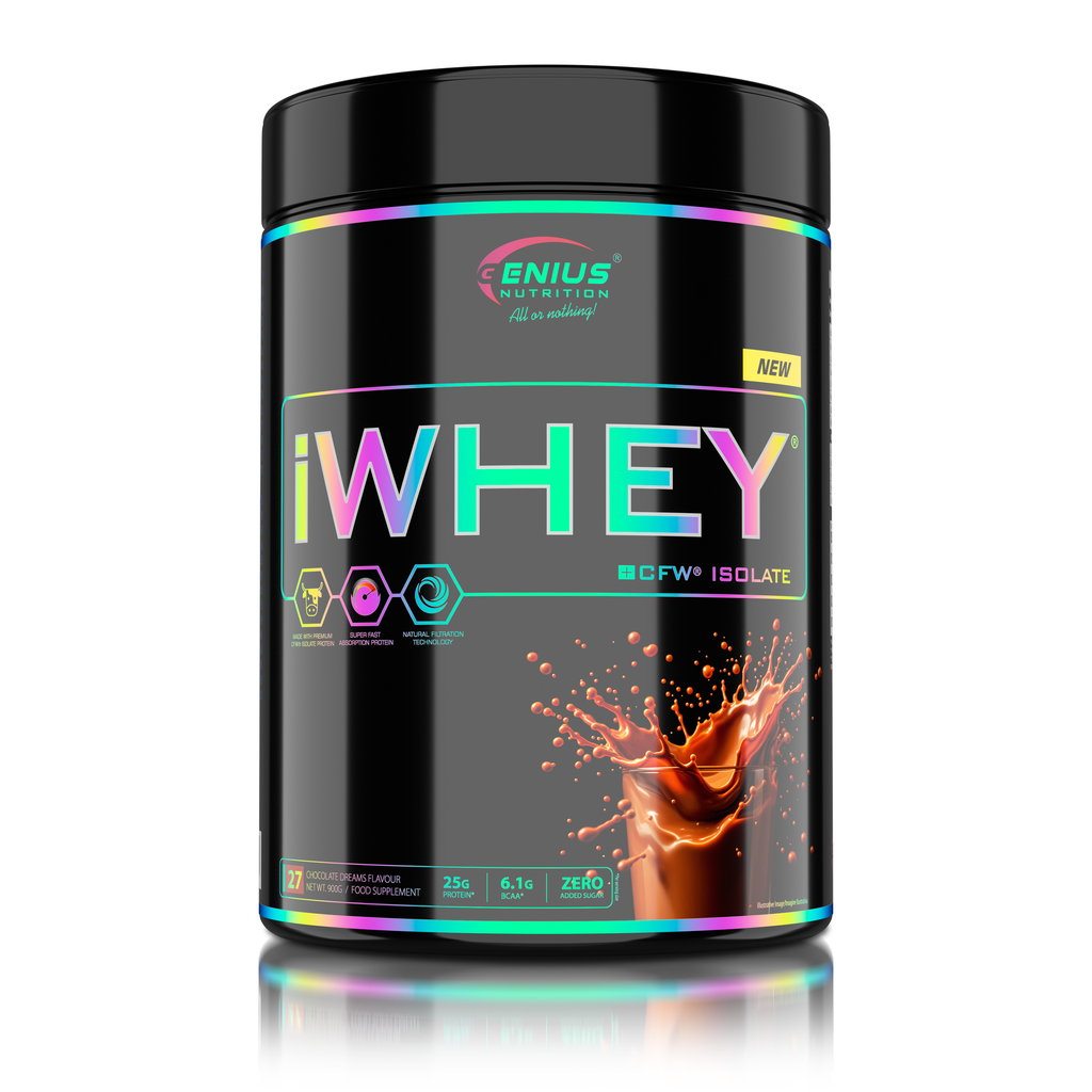 Genius Nutrition IWHEY® Isolate protein powder in chocolate flavor, 900g jar with scoop and label showing product details