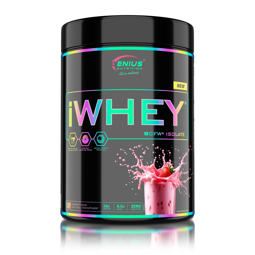 Genius Nutrition IWHEY® ISOLATE protein powder in strawberry flavor, 900g jar with scoop and label on a white background.