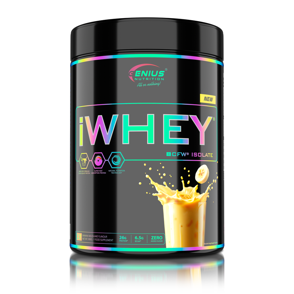 Genius Nutrition IWHEY® isolate protein powder in 900g container with fresh banana smoothie flavor, showing the product packaging.