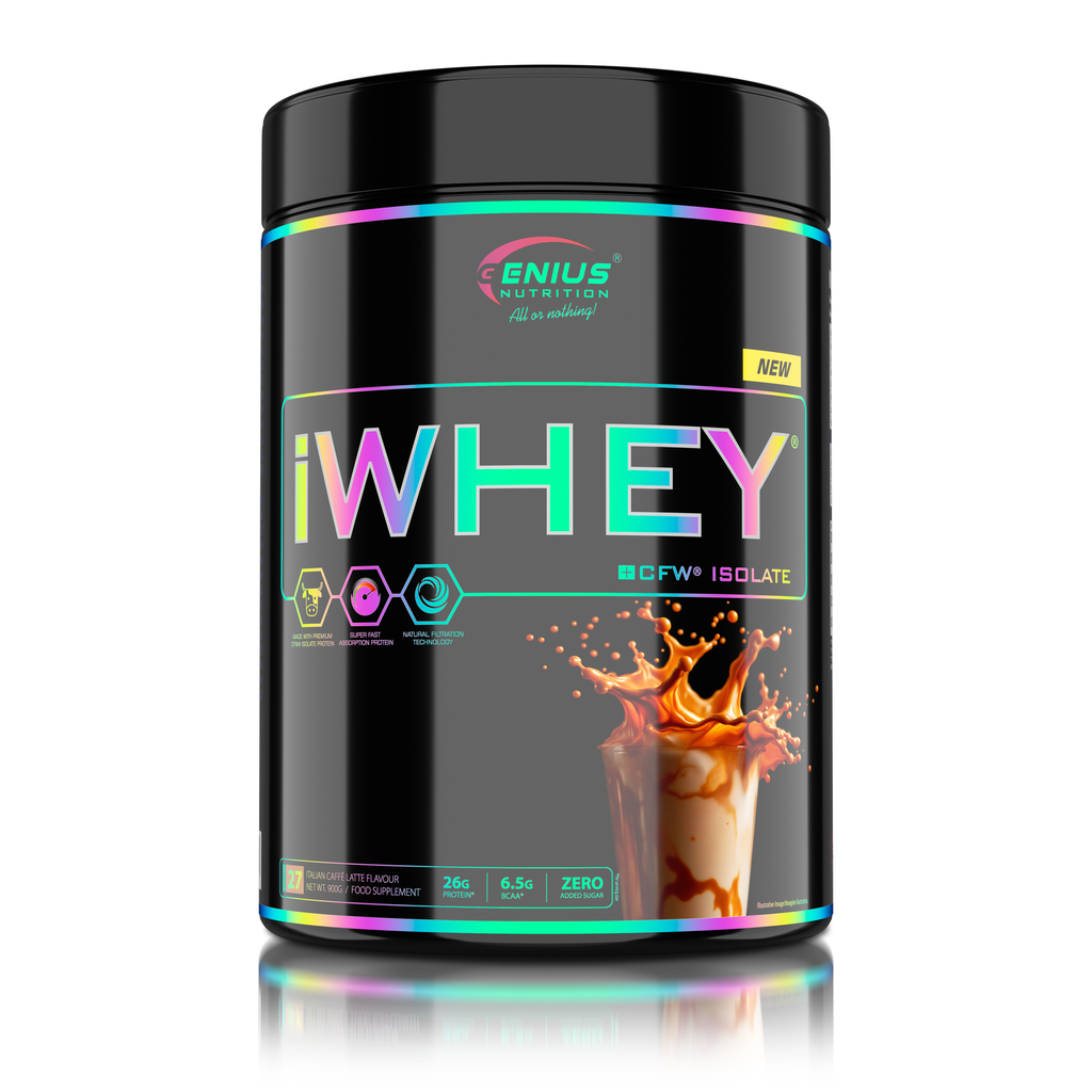 Genius Nutrition IWHEY® Isolate protein powder in Italian Caffe Latte flavor, 900g container with scoop and label.