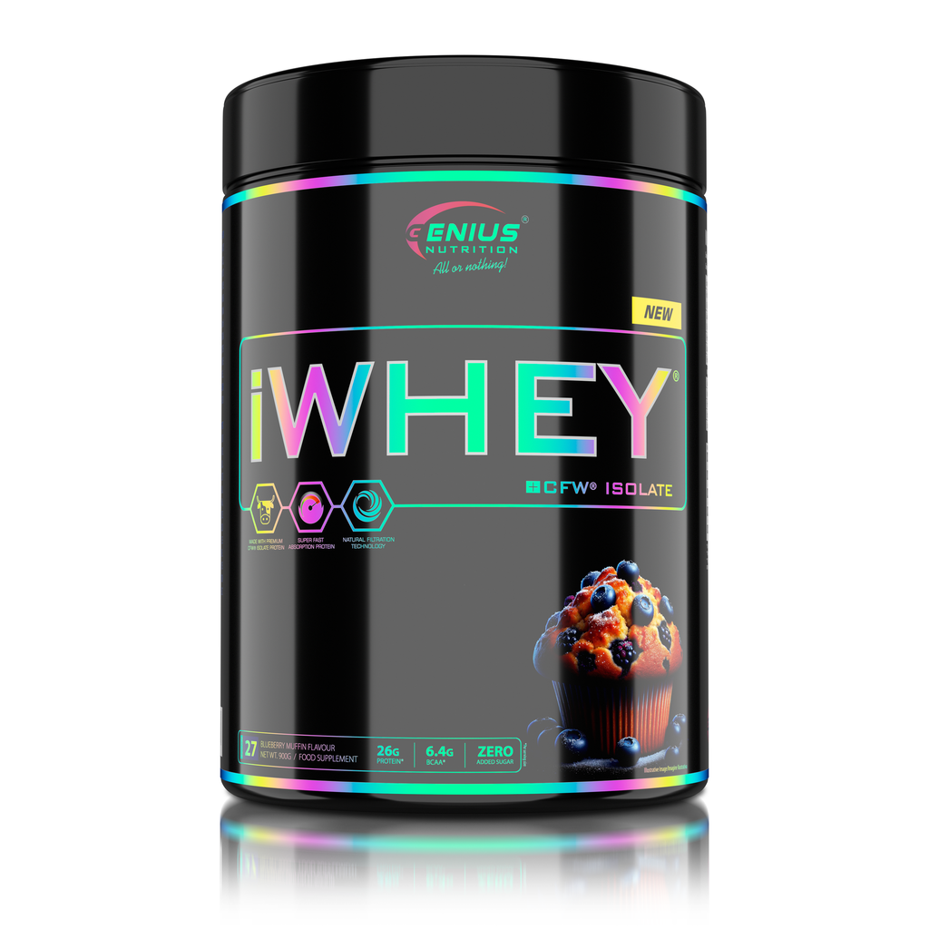 Genius Nutrition IWHEY® Isolate protein powder in Blueberry Muffin flavor, 900g container, with scoop and label visible.