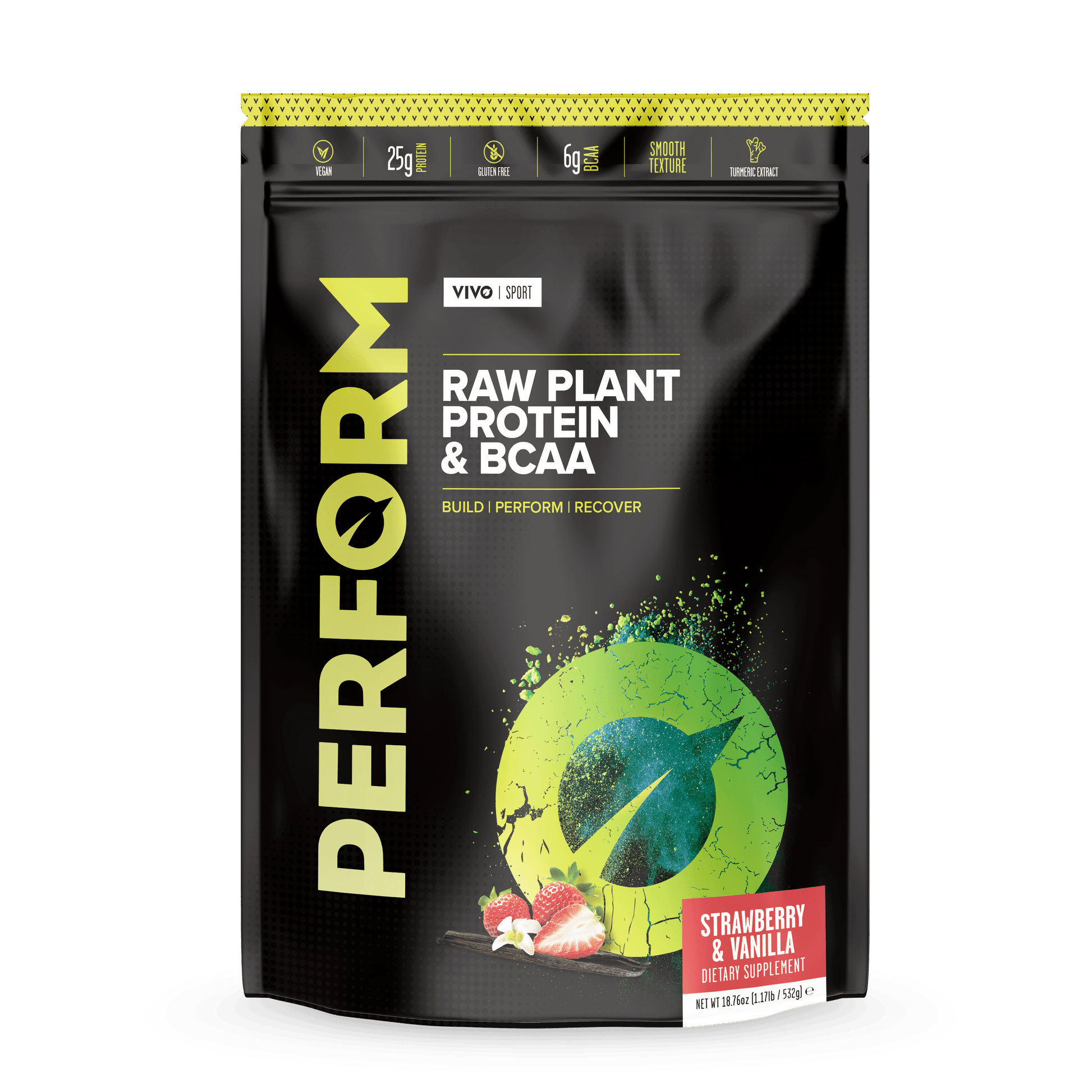 Vivo Life Large Perform Raw Plant Protein & BCAA strawberry flavor protein powder container with label and scoop, front view.