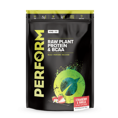 Vivo Life Large Perform Raw Plant Protein & BCAA strawberry flavor protein powder container with label and scoop, front view.
