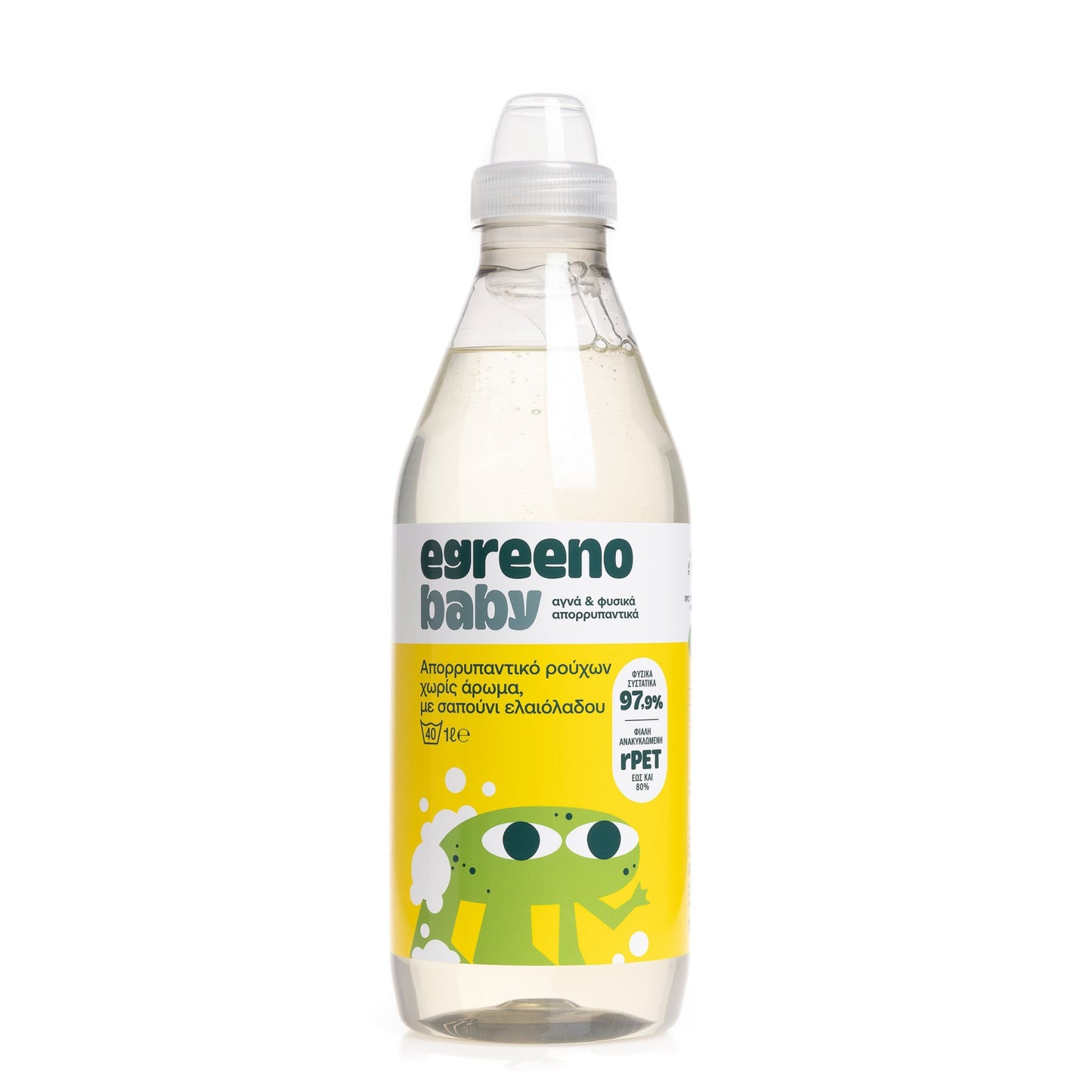 Egreeno Baby fragrance-free laundry detergent bottle, 1 liter, designed for gentle washing of baby clothes and delicate fabrics.