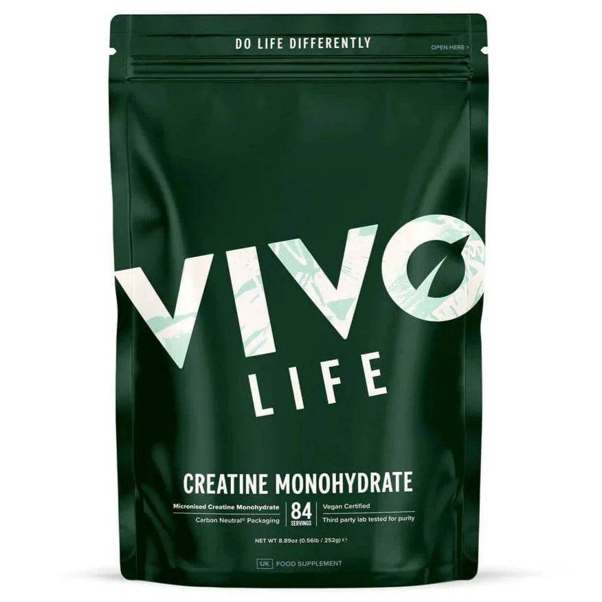 Vivo Life ultra-pure micronized creatine monohydrate supplement container with white label and black lid on a plain background