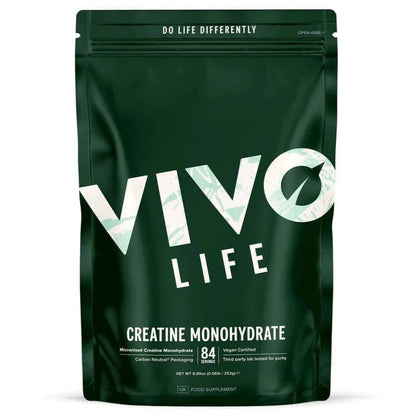 Vivo Life ultra-pure micronized creatine monohydrate supplement container with white label and black lid on a plain background