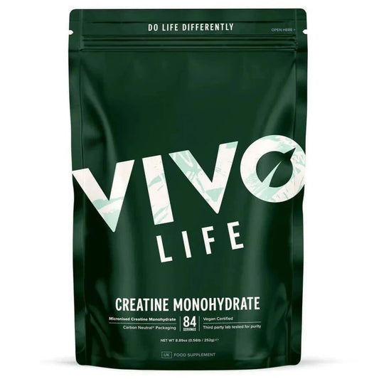 Vivo Life ultra-pure micronized creatine monohydrate supplement container with white label and black lid on a plain background