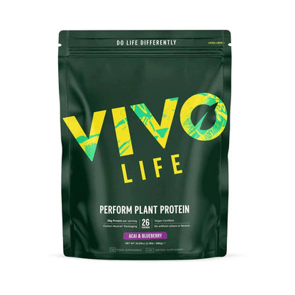 Large bag of Vivo Life Perform Raw Plant Protein & BCAA powder with acai and blueberry flavor, showing the colorful product packaging.