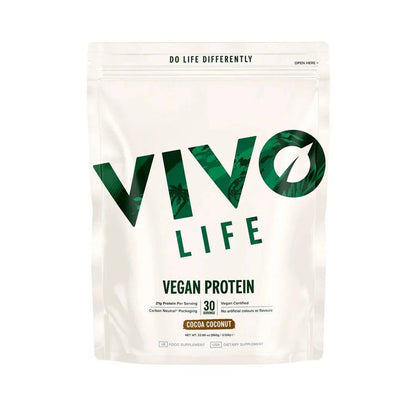 Vivo Life plant-based protein powder with coconut flavor, 30 servings, in a resealable bag, highlighting vegan protein supplement.