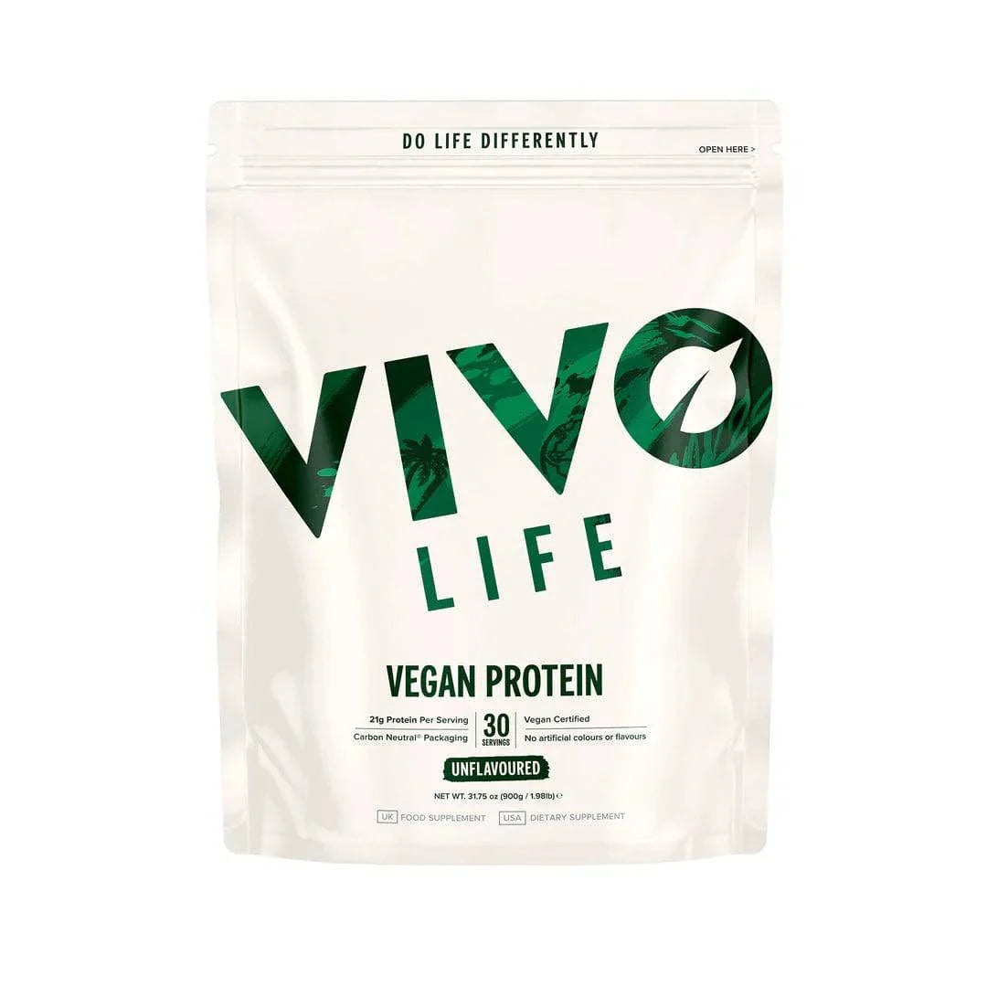 Vivo Life plant-based protein powder in unflavored variety, 30 servings, showing the resealable bag with green accents and product label