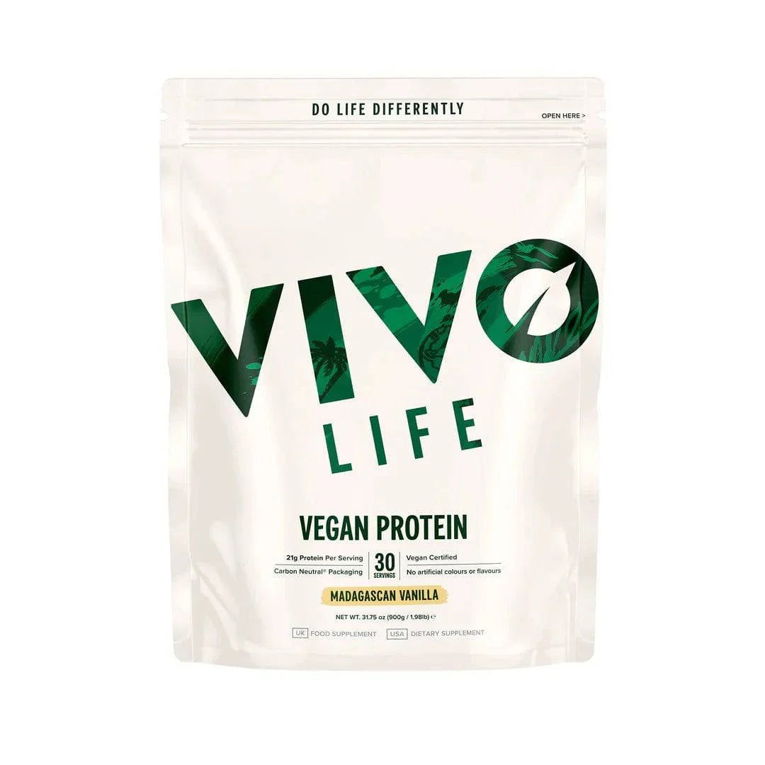 Vivo Life plant-based vanilla protein powder in a resealable bag, 30 servings of vegan protein powder.