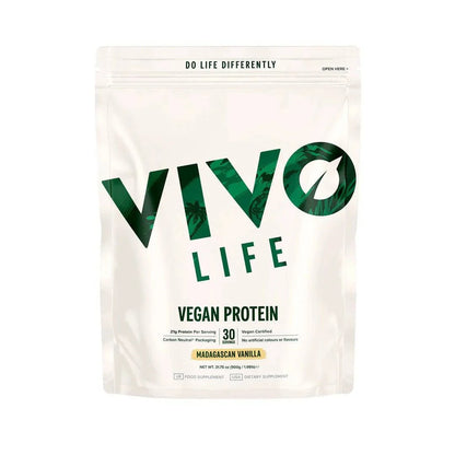 Vivo Life plant-based vanilla protein powder in a resealable bag, 30 servings of vegan protein powder.