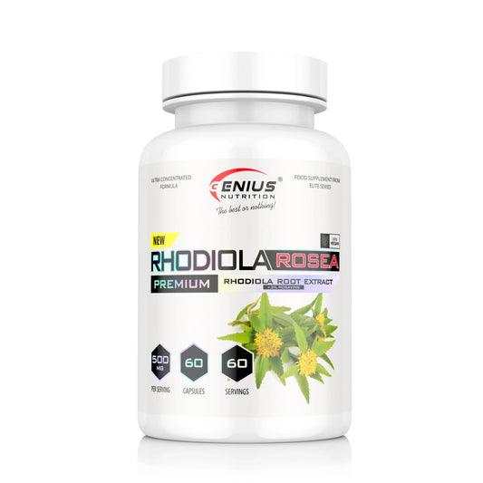 Genius Nutrition Rhodiola Rosea supplement bottle with 60 capsules, herbal adaptogen for energy and stress support.