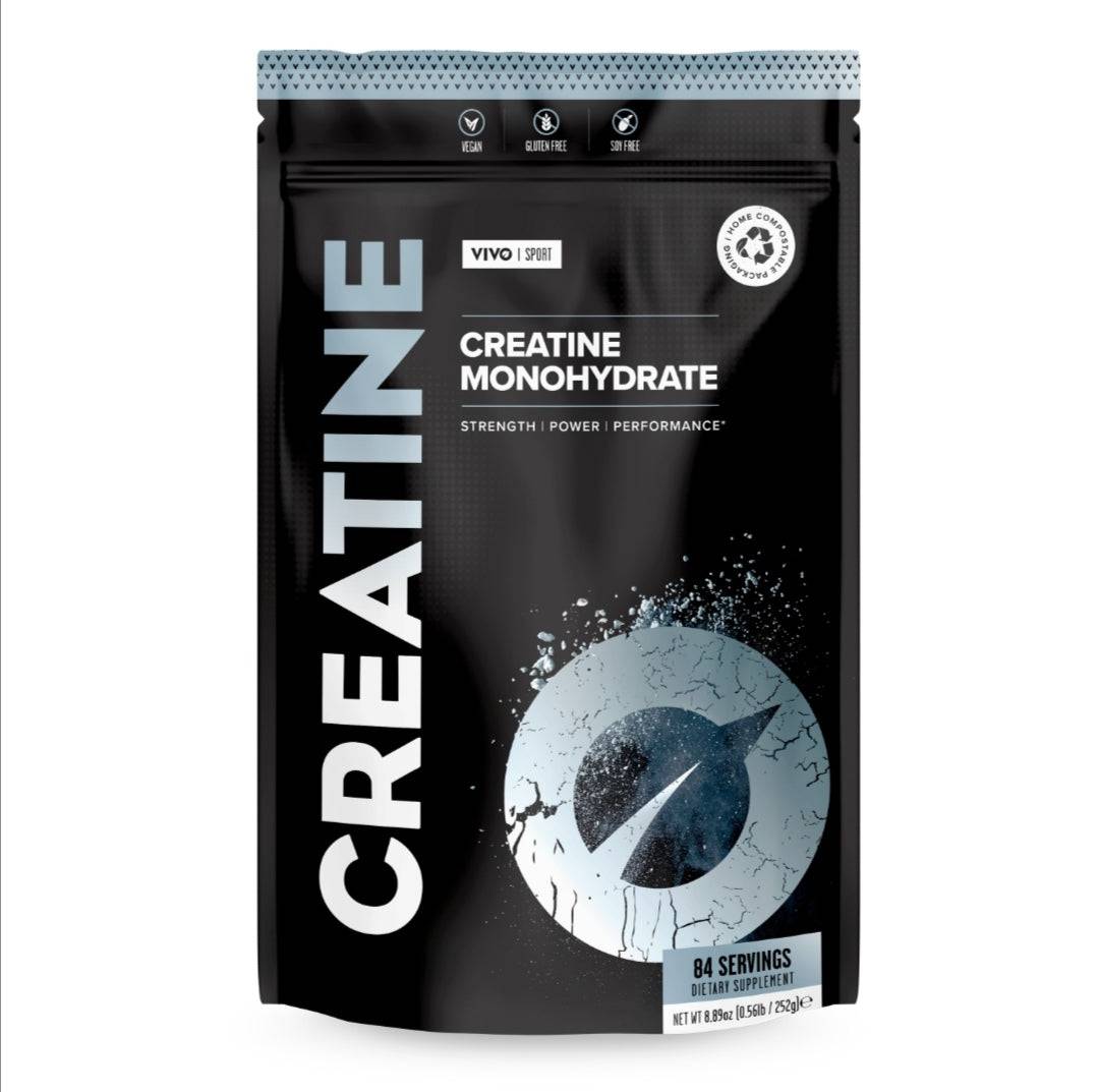 Vivo Life ultra-pure micronized creatine monohydrate supplement container with label details and scoop included.