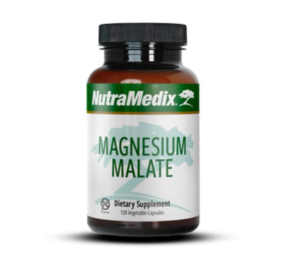 Sentosa Nutramedix Magnesium Malate dietary supplement capsules in a bottle, designed for health and wellness support.