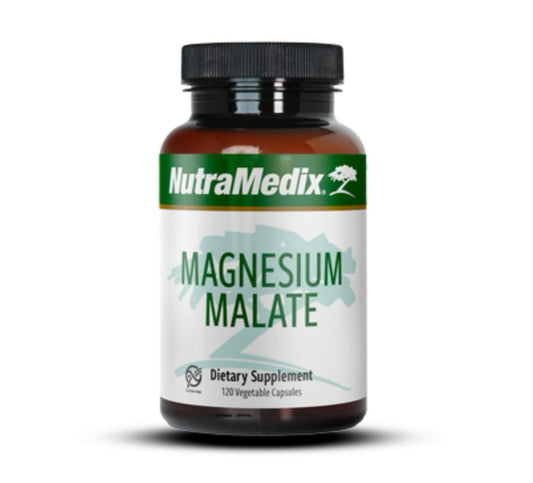 Sentosa Nutramedix Magnesium Malate dietary supplement capsules in a bottle, designed for health and wellness support.