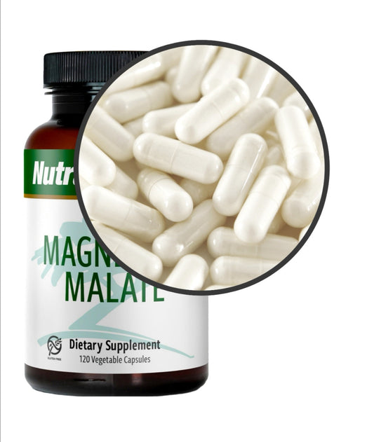 Sentosa Nutramedix Magnesium Malate dietary supplement bottle with 120 capsules, showing the label and cap.