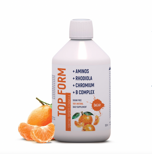 DeLixir Top Form supplement bottle by DETA ELIS with label showing product details and branding.