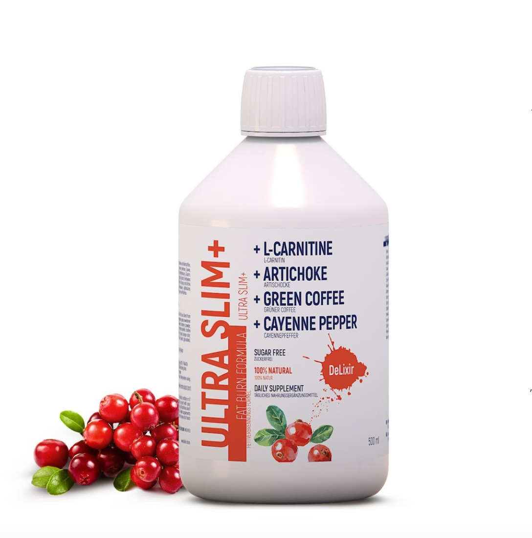 DeLixir Ultra Slim+ supplement bottle with a sleek design and label showcasing DETA ELIS branding.