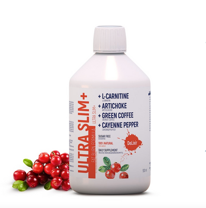 DeLixir Ultra Slim+ supplement bottle with a sleek design and label showcasing DETA ELIS branding.