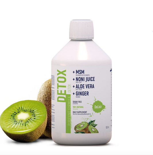 DeLixir Detox supplement by DETA ELIS, showing the product packaging and label with natural ingredients and branding details.