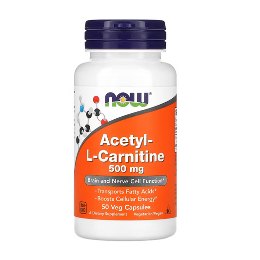 NOW Foods Acetyl-L-Carnitine 500 mg supplement in a bottle with 50 veg capsules on a white background.