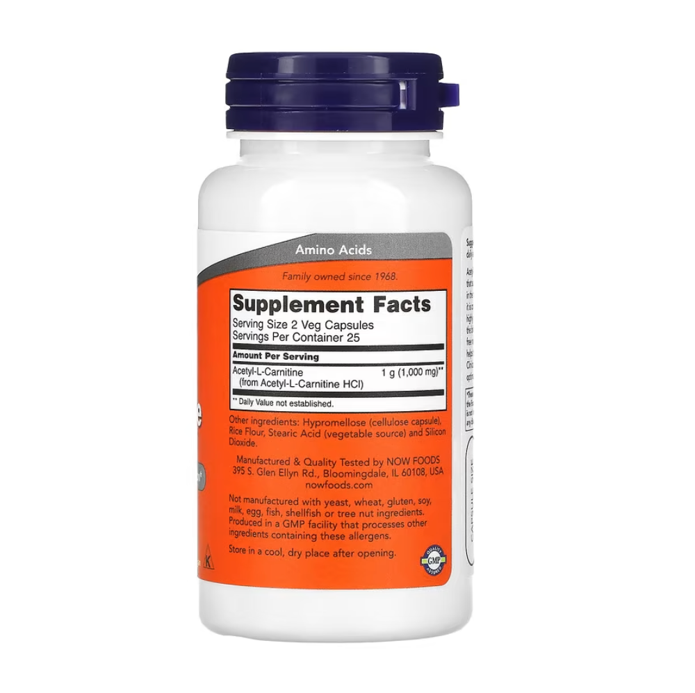 NOW Foods Acetyl-L-Carnitine 500 mg in a bottle with 50 vegetarian capsules displayed on a white background.