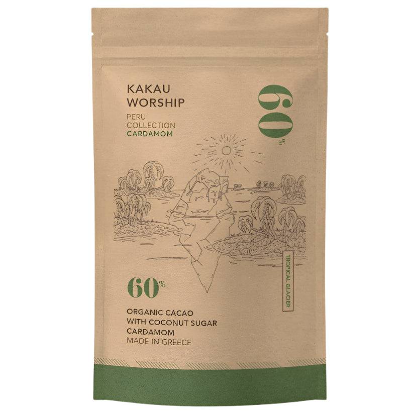 Kakau Worship Tropical Glacier Cardamom Chocolate Drink 150g, rich chocolate with tropical and cardamom flavors in a package.