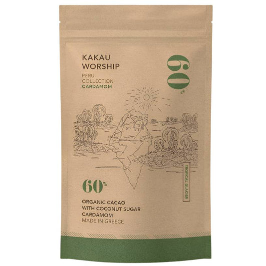 Kakau Worship Tropical Glacier Cardamom Chocolate Drink 150g, rich chocolate with tropical and cardamom flavors in a package.