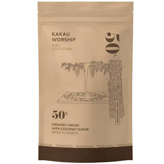 KAKAU WORSHIP Pure Temptation chocolate mix in a 150g package, shown in a close-up image with rich brown chocolate pieces.