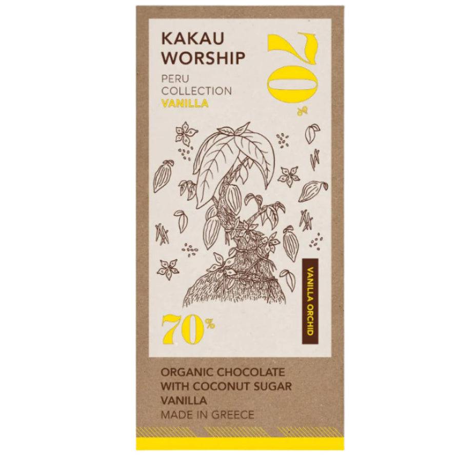 Kakau Worship Vanilla Orchid Chocolate bar, 75g, featuring a rich chocolate texture with delicate vanilla orchid notes.