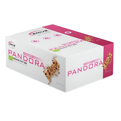 Genius Nutrition PANDORA OAT BAR 50g with hazelnuts and cranberries, energy snack, close-up of the nut and berry ingredients.