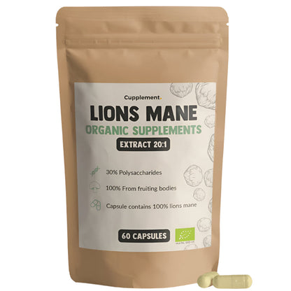 CUPPLEMENT Lion's Mane Extract supplement bottle with 60 capsules, 400 mg per capsule, in a clear container on a white background.