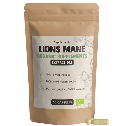 CUPPLEMENT Lion's Mane Extract supplement bottle with 60 capsules, 400 mg per capsule, in a clear container on a white background.