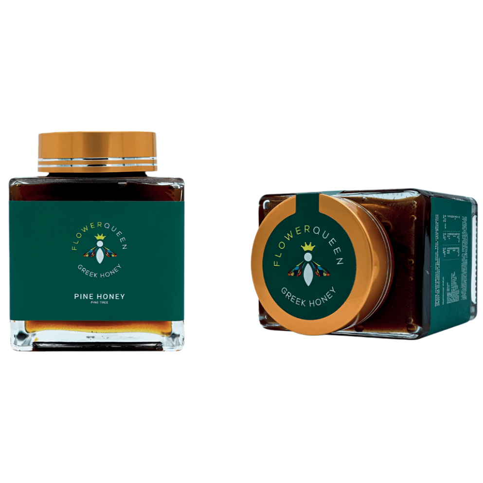 LV Natural Foods Queen Pine Honey 500g, a natural superfood jar with golden honey drizzled on a wooden surface.