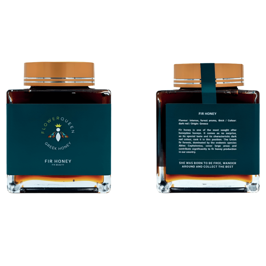 LV Natural Foods Queen Fir Honey 500g superfood jar, showcasing golden honey with a natural, smooth texture.