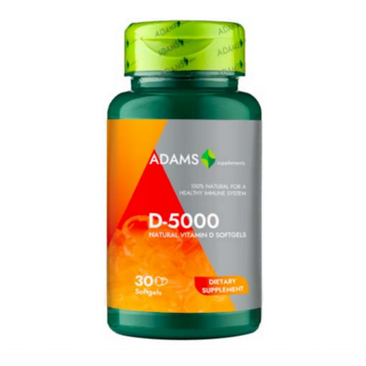 Adams Supplements Vitamin D-5000 softgels in a bottle, dietary supplement for immune support and bone health.