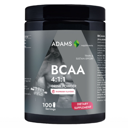 Bottle of Adams Supplements BCAA 4:1:1 powder with label displaying nutritional information and scoops on a white background.