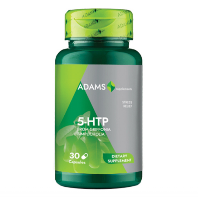 Bottle of Adams Supplements 5-HTP 50mg supplement with label showing supplement details and branding.