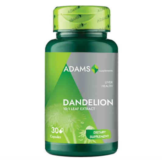 Adams Supplements Dandelion Extract 370mg supplement capsules in a bottle, designed for herbal health support.