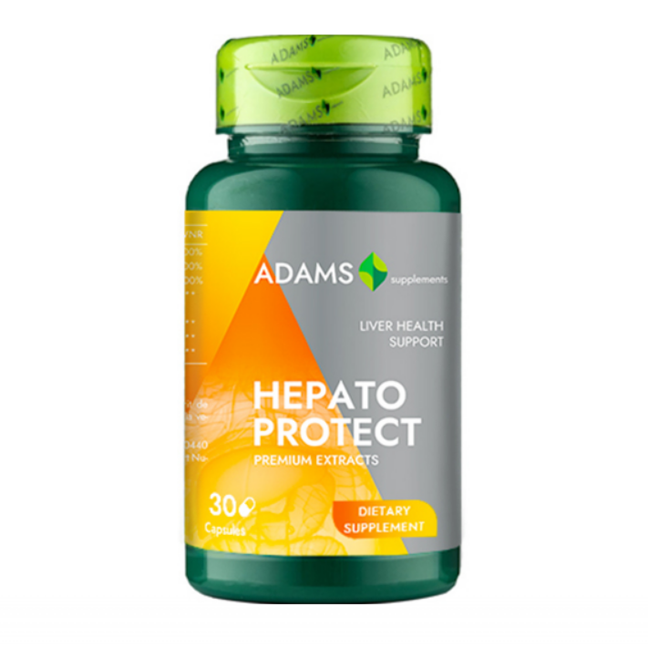 Adams Supplements HepatoProtect supplement bottle with 30 capsules, featuring label with product details and branding.
