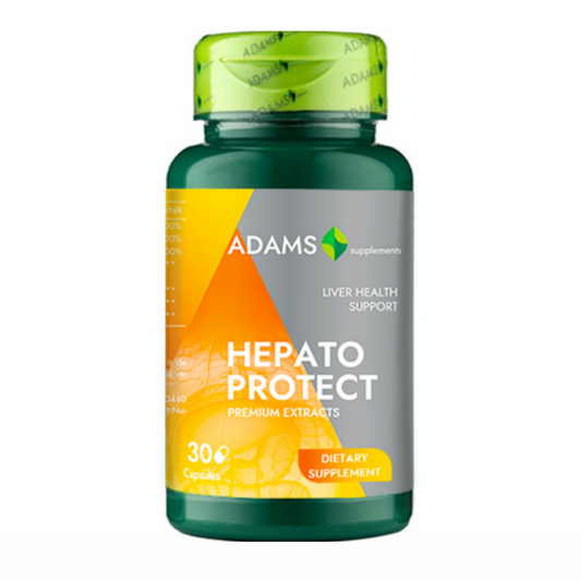 Adams Supplements HepatoProtect supplement bottle with 30 capsules, featuring label with product details and branding.