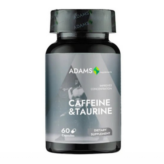 Adams Supplements Caffeine + Taurine supplement bottle with 60 capsules, showing label details and product packaging.