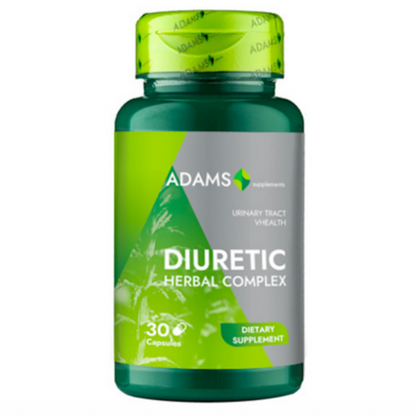 Bottle of Adams Supplements Diuretic Herbal Complex supplement with herbal ingredients and label visible.