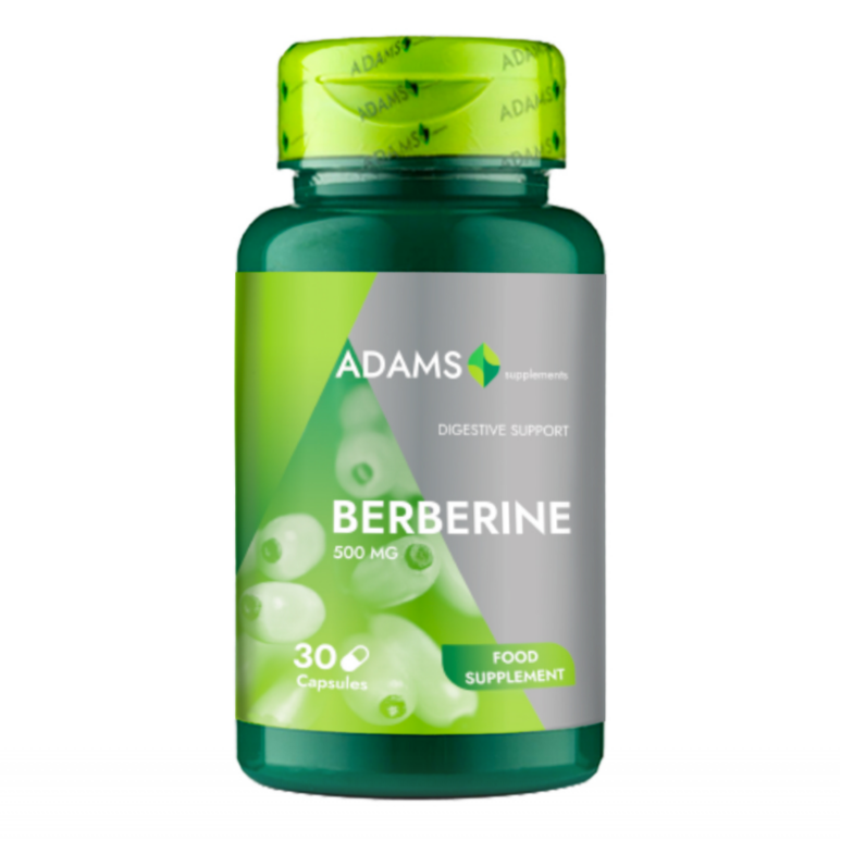 Bottle of Adams Supplements Berberine 500mg supplement capsules, with label visible in a clear container.