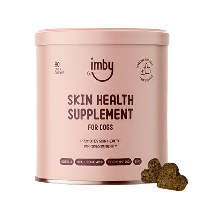 IMBY Skin Health dog product displayed in a clean, bright setting, showcasing its packaging and design features.